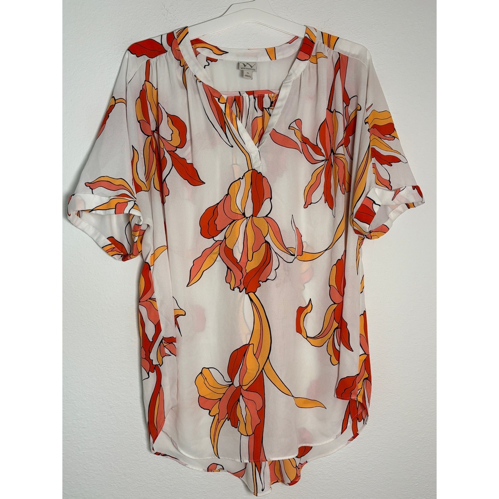 Worthington Floral Blouse XL Orange White Short Sleeve Split Neck Tunic Top